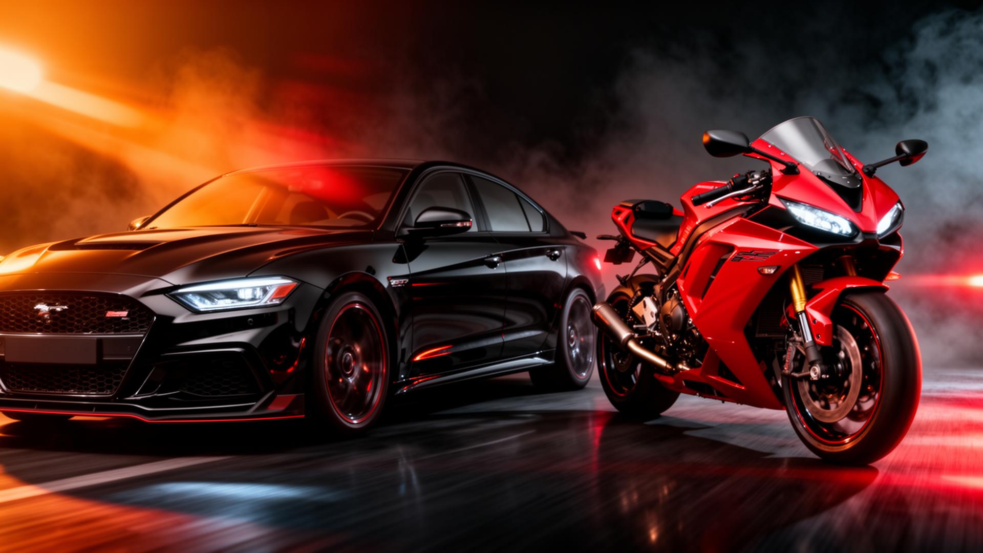 Carro esportivo preto e moto vermelha Rayan Motors